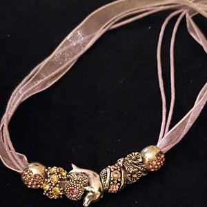 Pink Ribbon Beaded Pendant Necklace with Dolphin Accent